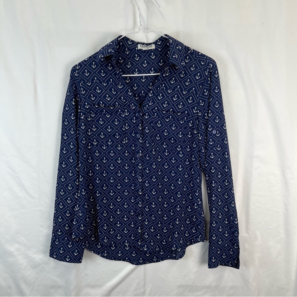 Express - Women's Blouse - XS - Nautical - Anchors - Blue White -Portofino Shirt